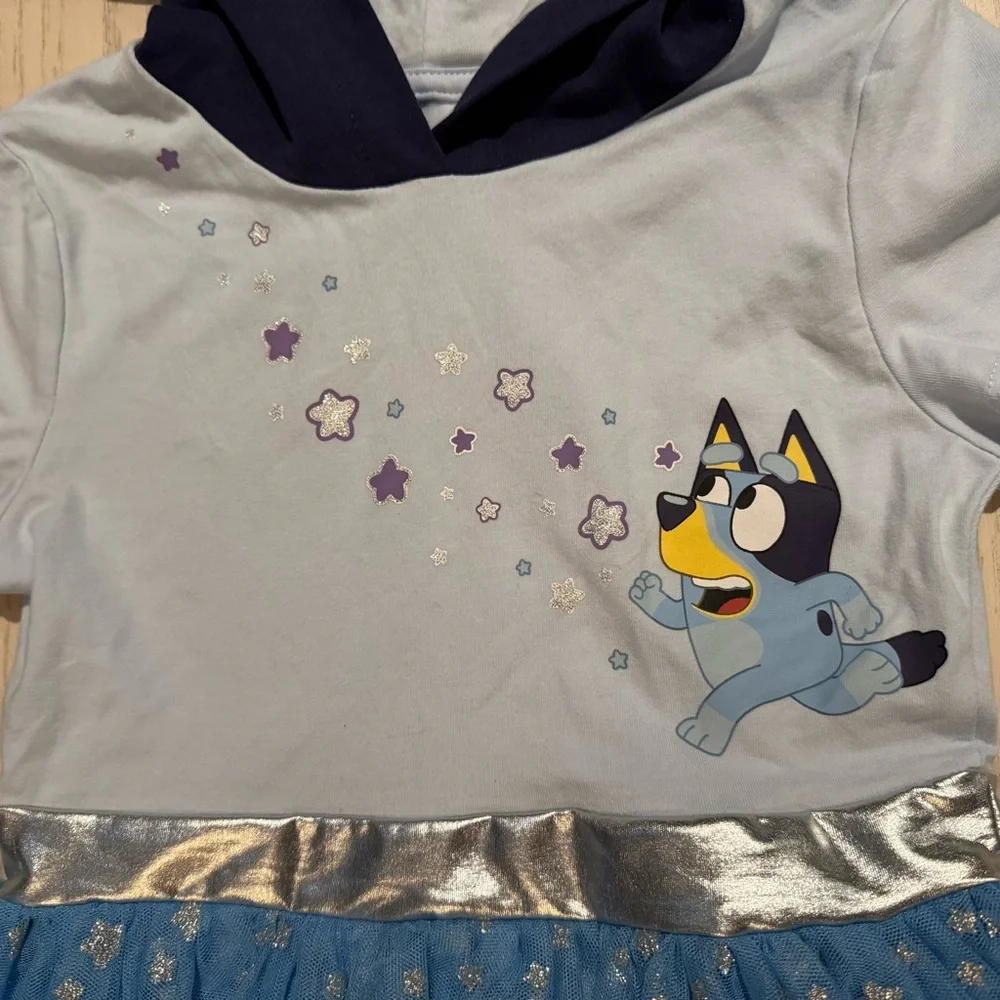 Bluey Hooded Tutu Dress Girls Size M Blue Glitter Star Character Dress NEW